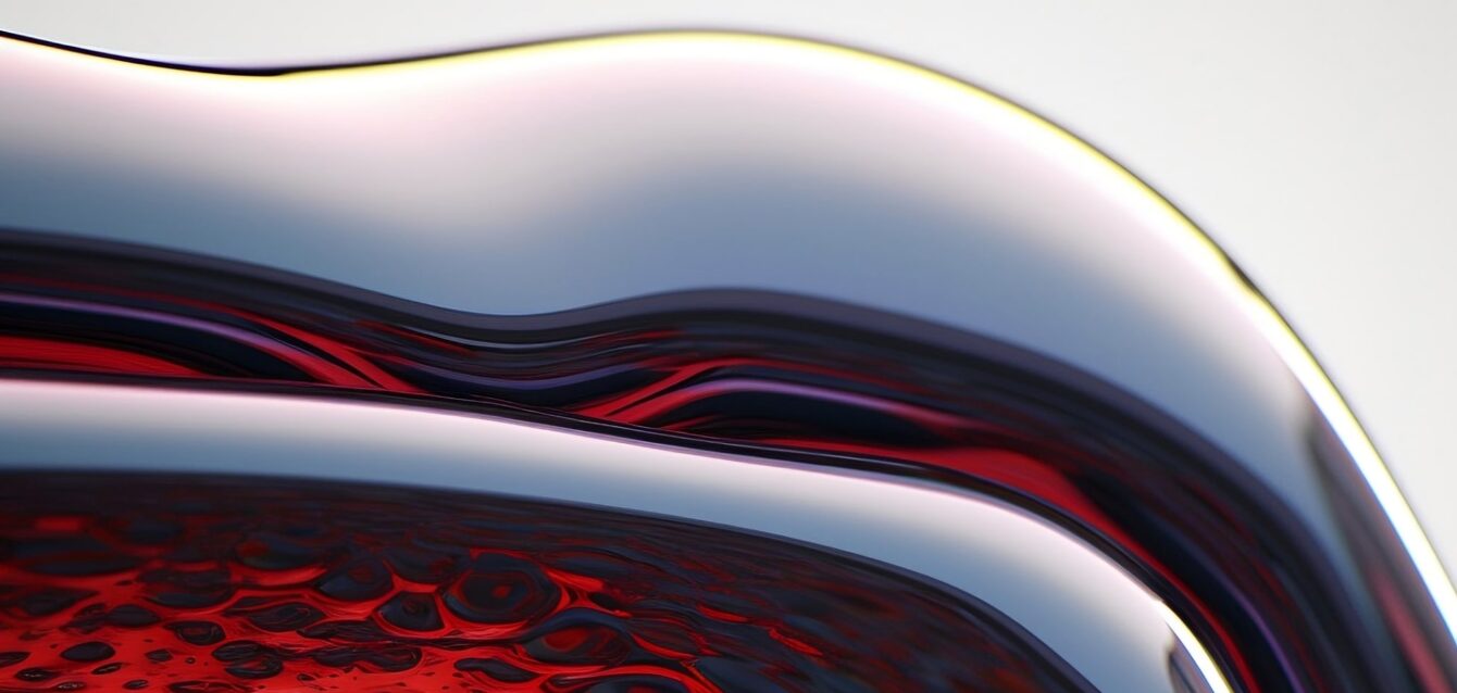 Abstract close-up of a glossy red and silver surface, reflecting light, symbolizing the complexities of vaping and its impact, relevant to Breland Johnson's story in Cloud Cycle.